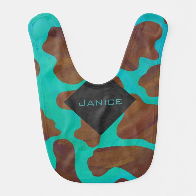 Monogram Cow Brown and Teal Print Bib (Front)