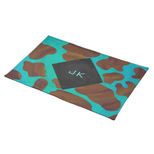 Monogram Cow Brown and Teal Print Cloth Placemat