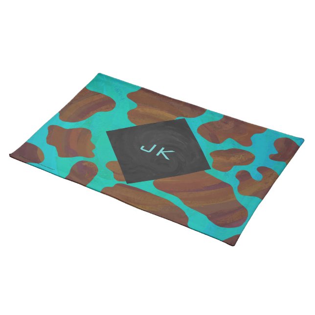 Monogram Cow Brown and Teal Print Cloth Placemat (On Table)