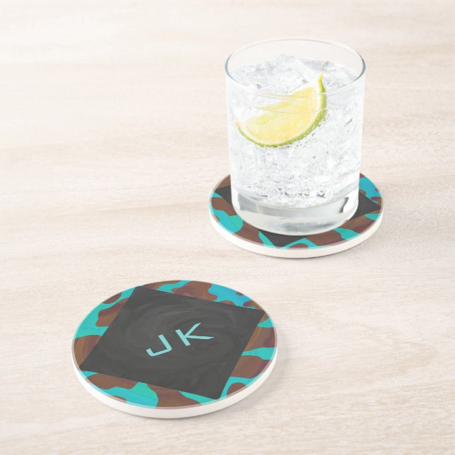Monogram Cow Brown and Teal Print Drink Coaster (Side)