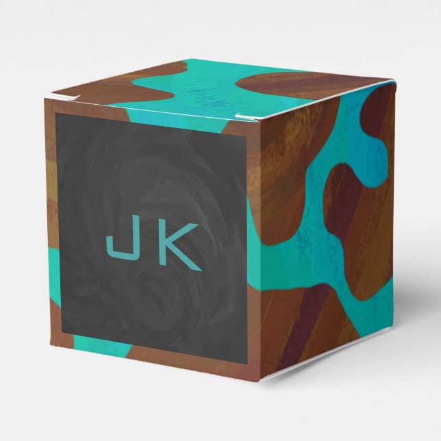 Monogram Cow Brown and Teal Print Favor Boxes (Front Side)