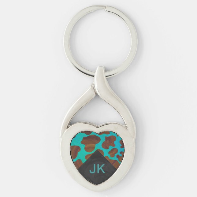 Monogram Cow Brown and Teal Print Keychain (Front)