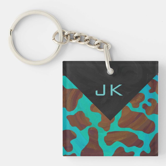 Monogram Cow Brown and Teal Print Keychain (Front)