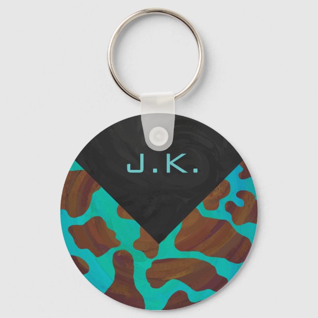 Monogram Cow Brown and Teal Print Keychain (Front)