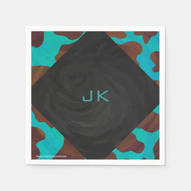 Monogram Cow Brown and Teal Print Paper Napkins (Front)