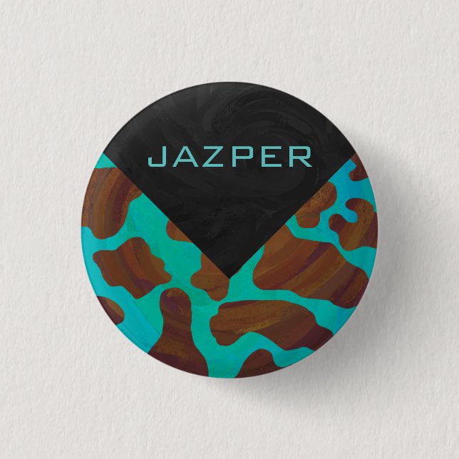 Monogram Cow Brown and Teal Print Pinback Button (Front)