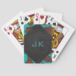 Monogram Cow Brown and Teal Print Poker Cards