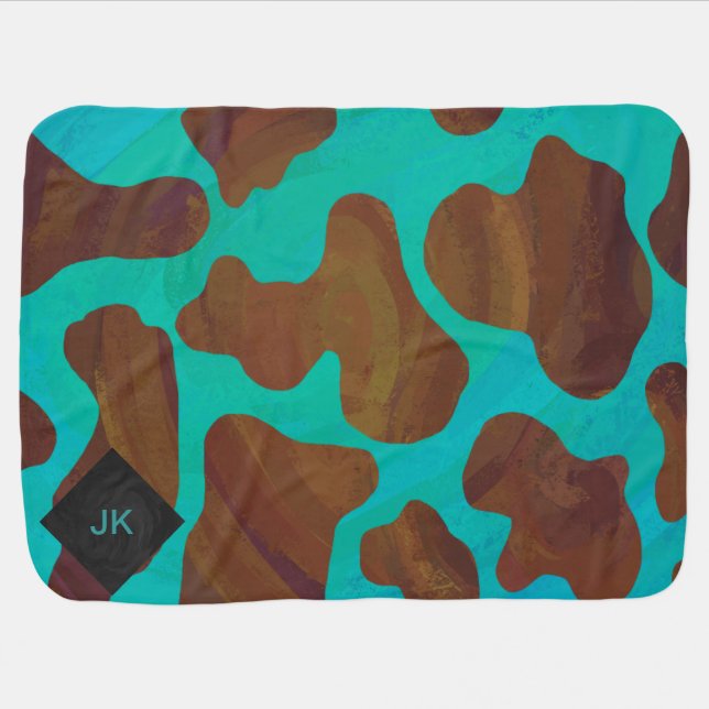 Monogram Cow Brown and Teal Print Swaddle Blanket (Horizontal)
