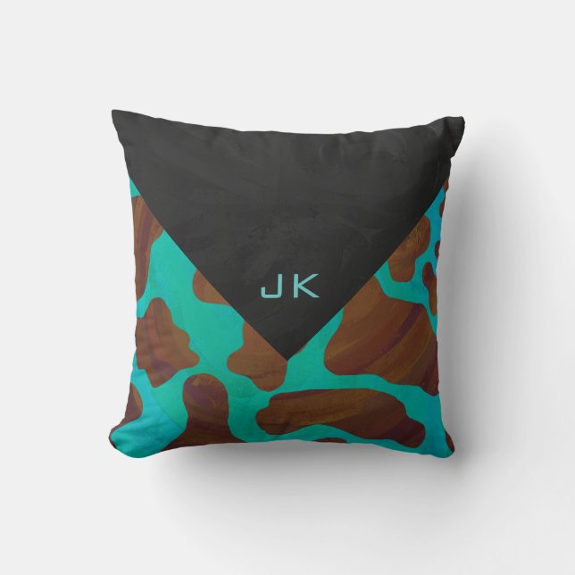 Monogram Cow Brown and Teal Print Throw Pillow (Front)