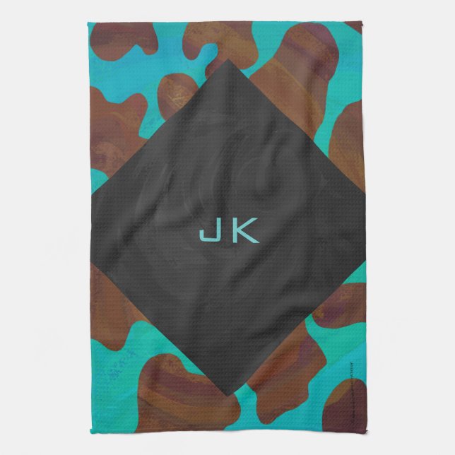 Monogram Cow Brown and Teal Print Towel (Vertical)