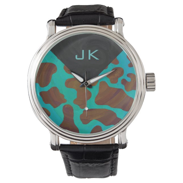 Monogram Cow Brown and Teal Print Watch (Front)