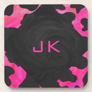 Monogram Cow Hot Pink and Black Print Drink Coaster