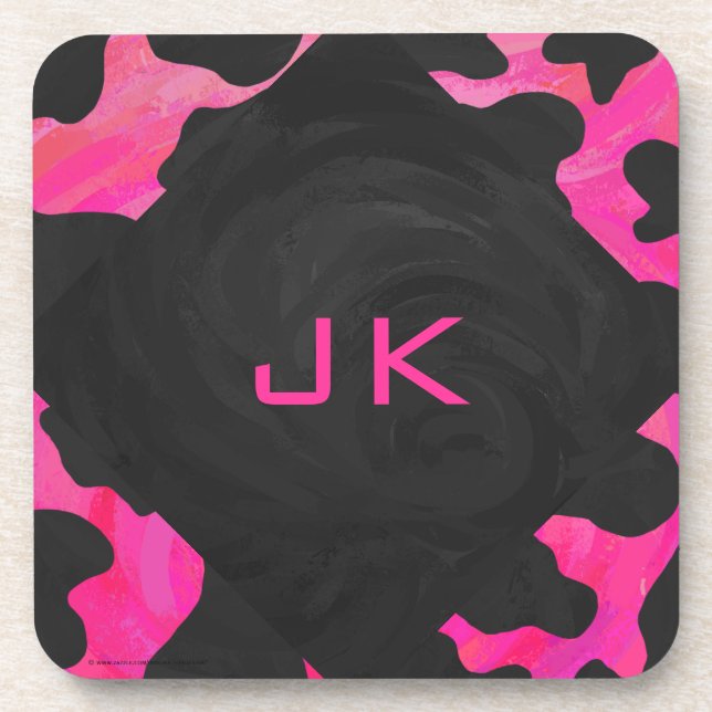 Monogram Cow Hot Pink and Black Print Drink Coaster (Front)