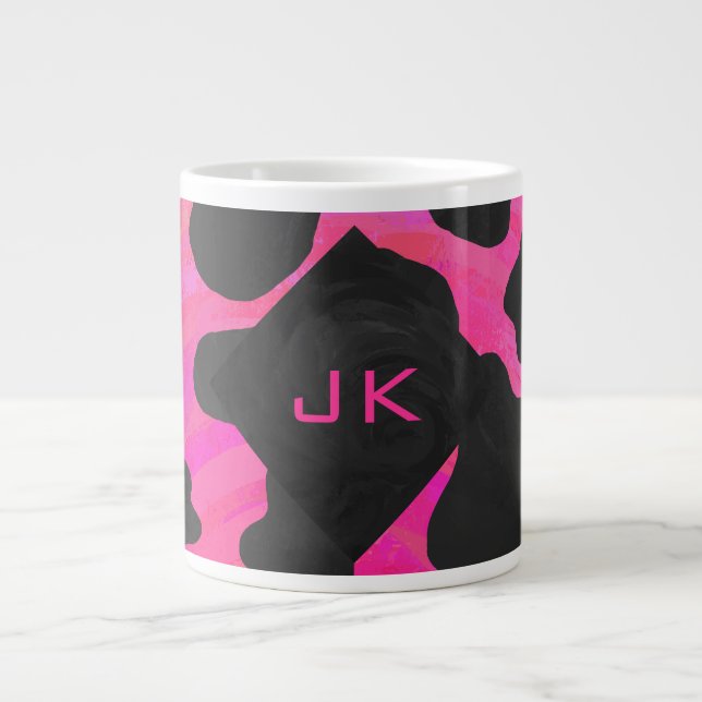 Monogram Cow Hot Pink and Black Print Giant Coffee Mug (Front)