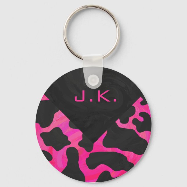 Monogram Cow Hot Pink and Black Print Keychain (Front)