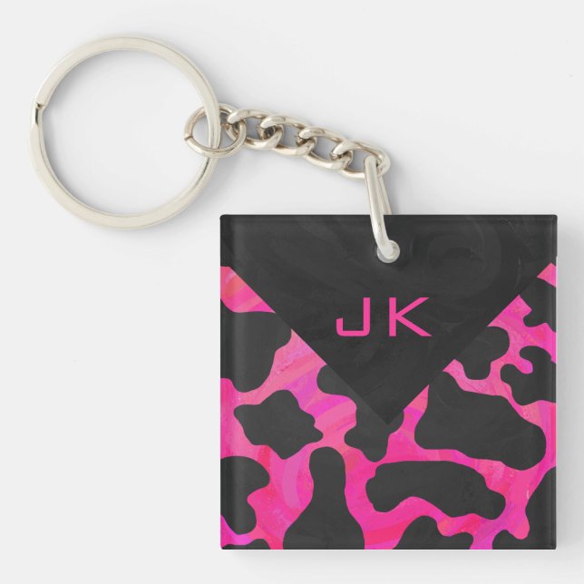 Monogram Cow Hot Pink and Black Print Keychain (Front)