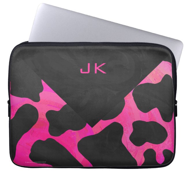 Monogram Cow Hot Pink and Black Print Laptop Sleeve (Front)