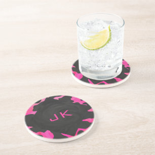 Monogram Cow Hot Pink and Black Print Sandstone Coaster