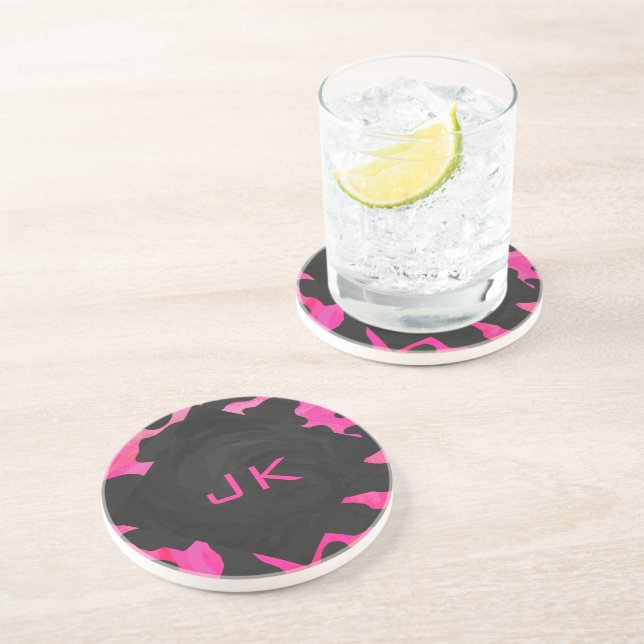 Monogram Cow Hot Pink and Black Print Sandstone Coaster (Side)