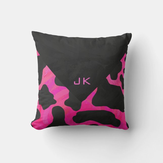 Monogram Cow Hot Pink and Black Print Throw Pillow (Front)