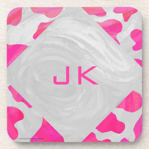 Monogram Cow Hot Pink and White Print Beverage Coaster
