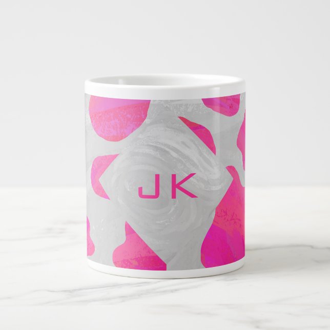 Monogram Cow Hot Pink and White Print Giant Coffee Mug (Front)