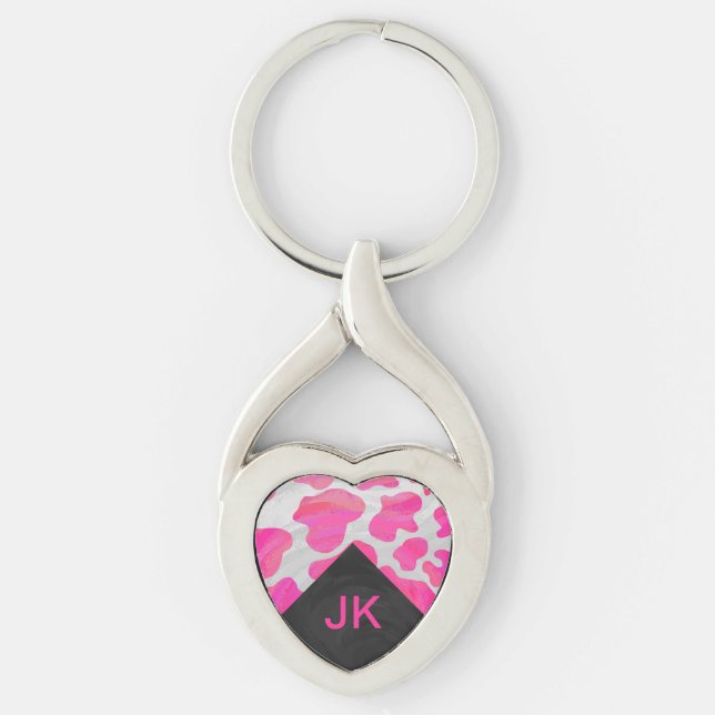 Monogram Cow Hot Pink and White Print Keychain (Front)