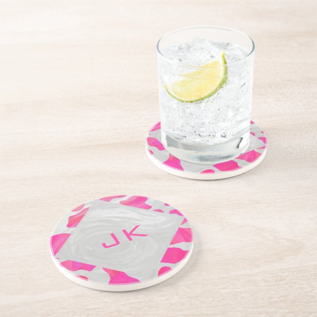 Monogram Cow Hot Pink and White Print Sandstone Coaster (Side)