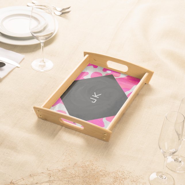 Monogram Cow Hot Pink and White Print Serving Tray (Front)