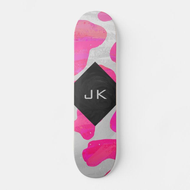 Monogram Cow Hot Pink and White Print Skateboard Deck (Front)