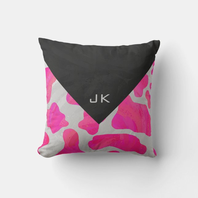 Monogram Cow Hot Pink and White Print Throw Pillow (Front)