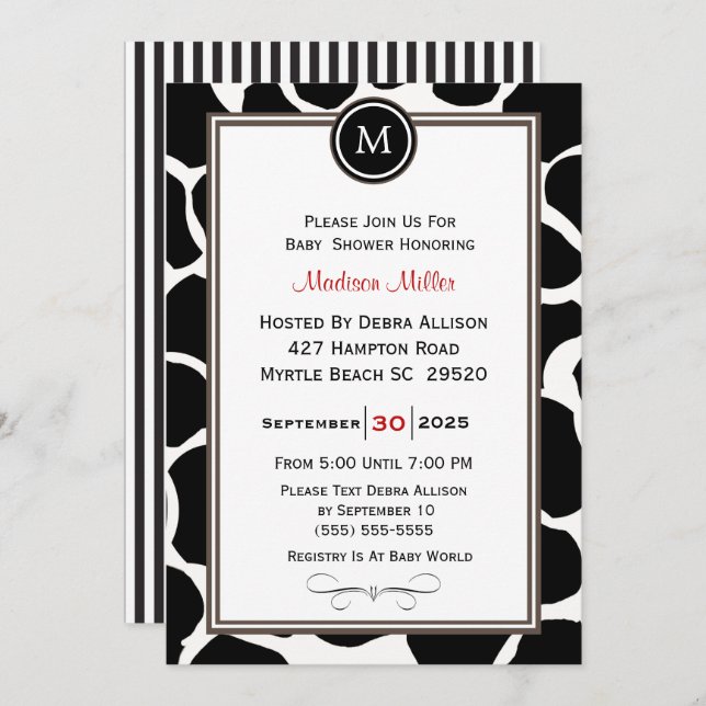 Monogram Cow Pattern and Stripes Baby Shower Invitation (Front/Back)