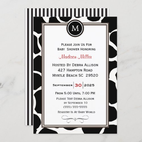 Monogram Cow Pattern and Stripes Baby Shower Invitation