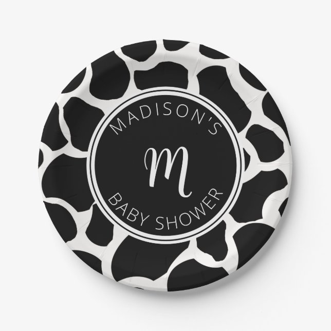 Monogram Cow Print  Baby Shower Paper Plate (Front)