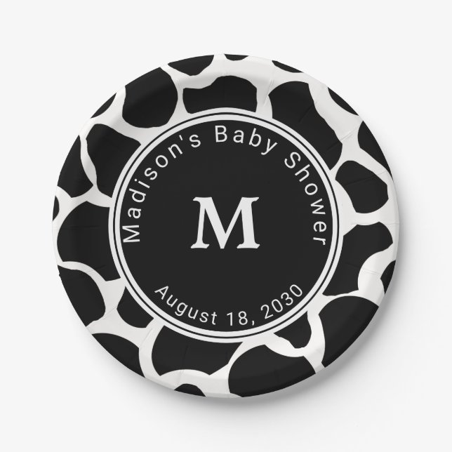 Monogram Cow Print  Baby Shower Paper Plates (Front)
