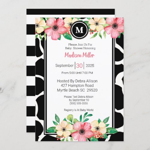  Monogram Cowprint Floral Baby Shower Coral Yellow Invitation