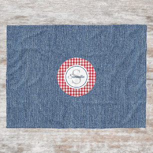 Monogram, Cozy Blue Denim & Red Check Print Fleece Blanket