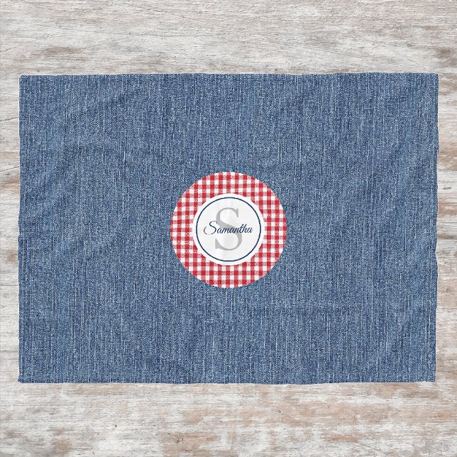 Monogram, Cozy Blue Denim & Red Check Print Fleece Blanket (Creator Uploaded)