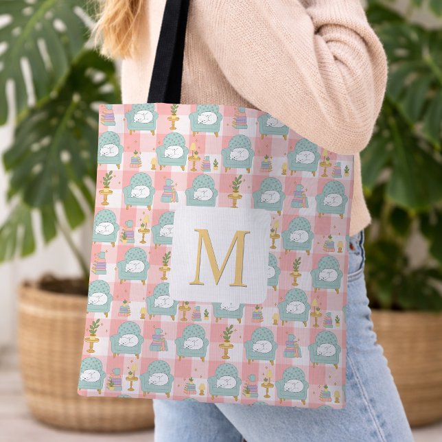Monogram Cozy Cat & Book Tote Bag Girly Pink (Creator Uploaded)