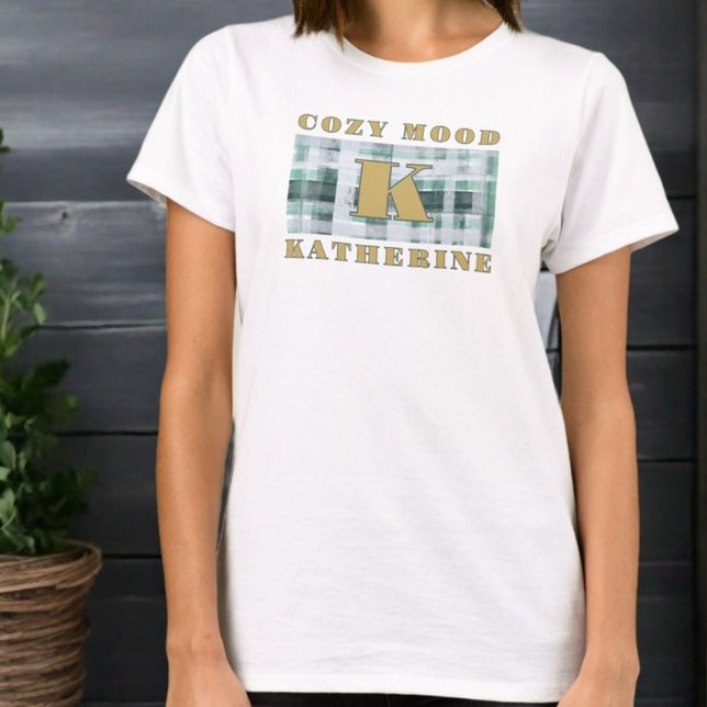 Monogram cozy mood green white plaid tartan gold  T-Shirt (Creator Uploaded)