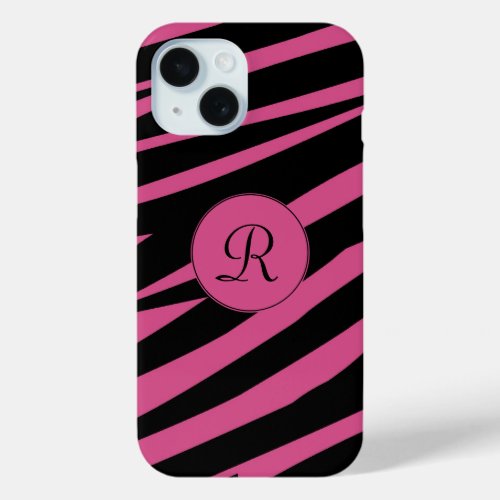 Monogram Cranberry Pink and Black Zebra Print iPhone 15 Case