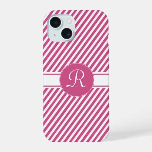 Monogram Cranberry Pink and White Diagonal Stripes iPhone 15 Case