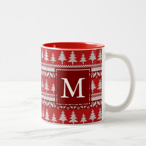 Monogram _ Cranberry Red  White Nordic Fir Trees Two_Tone Coffee Mug