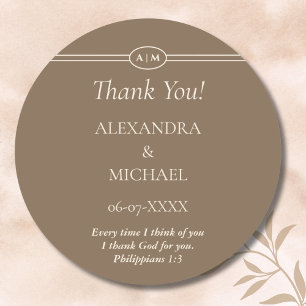 Monogram Cream Brown Christian Wedding Thank You Classic Round Sticker