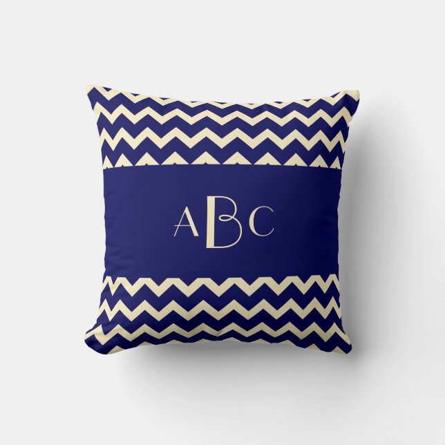Monogram, Cream & Navy Blue Chevron Throw Pillow (Front)
