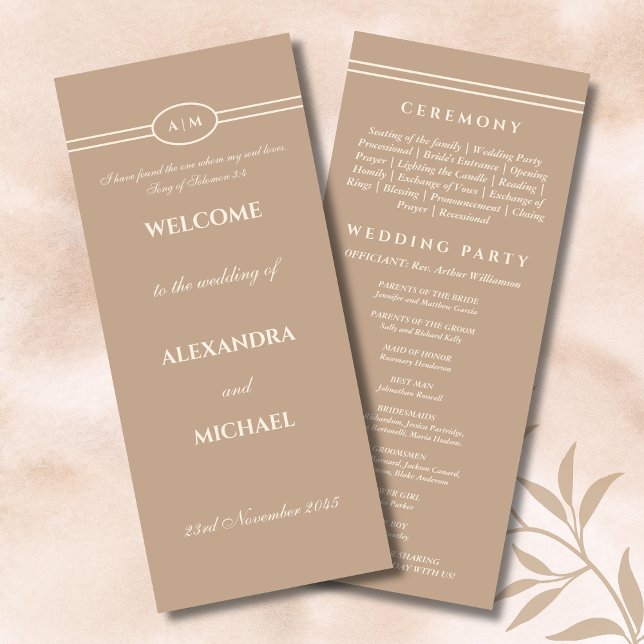 Monogram Cream Taupe Christian Wedding Program (Creator Uploaded)
