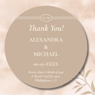 Monogram Cream Taupe Christian Wedding Thank You Classic Round Sticker