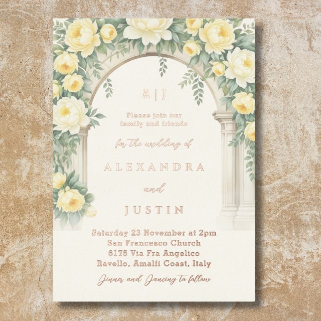 Monogram Cream Yellow Floral Arch Wedding  Foil Invitation (Creator Uploaded)