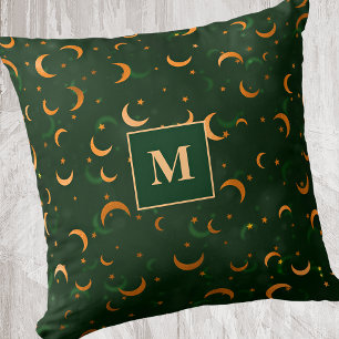 Monogram, Crescent Moons & Stars Bokeh Pattern Throw Pillow
