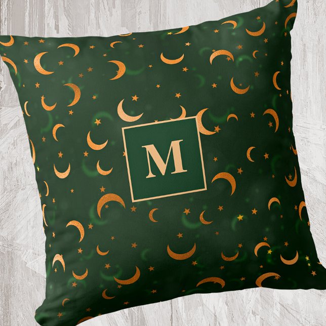 Monogram, Crescent Moons & Stars Bokeh Pattern Throw Pillow (Creator Uploaded)